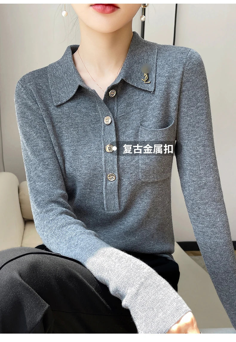 Women 100% Pure Merino Wool Soft Sweater Polo Collar Pullover Autumn Winter Casual Knit Tops Solid Color Regular Female Knitwear