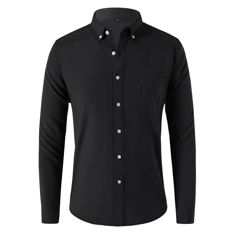 M-5XL Spring and Autumn Men's Shirt Oxford Cotton Fabric Shirt Long Sleeve Solid Color Polo Neck Shirt Business Casual Fit Top