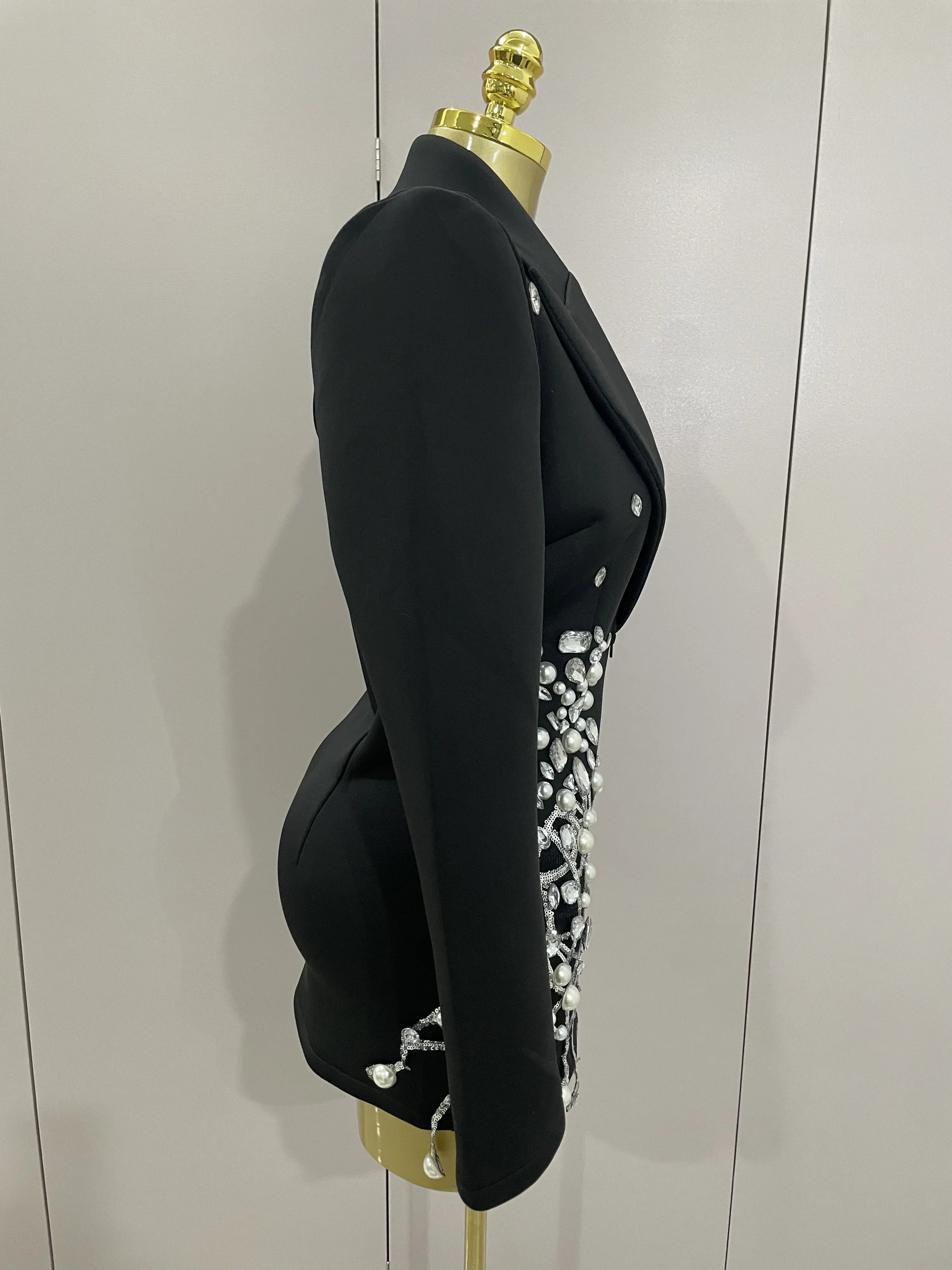 Sparkly Crystal Chains Pearls Long Sleeve Mini Dress 2025 Women Birthday Evening Party Nightclub Outfit Singer Wedding Costume