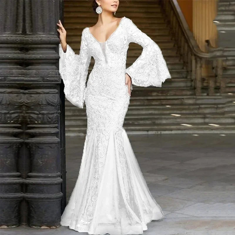 New 2025 Women's Sexy V Neck Long Flare Sleeve Wedding Party Dresses  Female Evening Elegant Night Club Prom Long Maxi Dresses