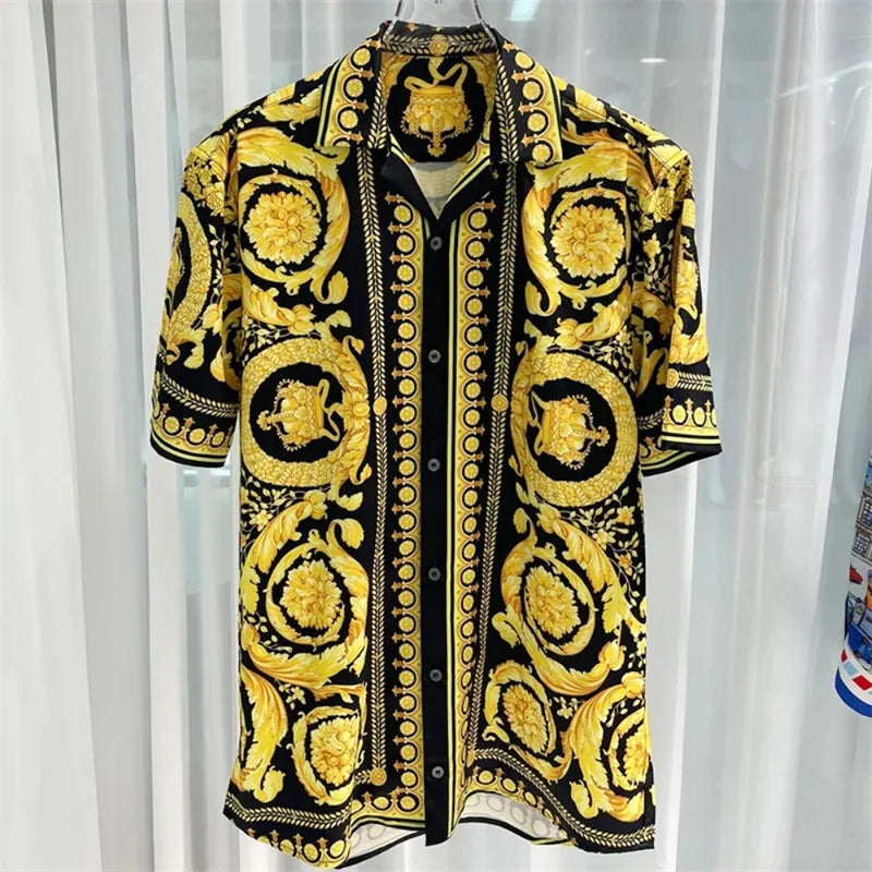 2025 men's high-quality short sleeved shirt with luxurious golden Baroque string print, Cuban collar shirt, suitable for street