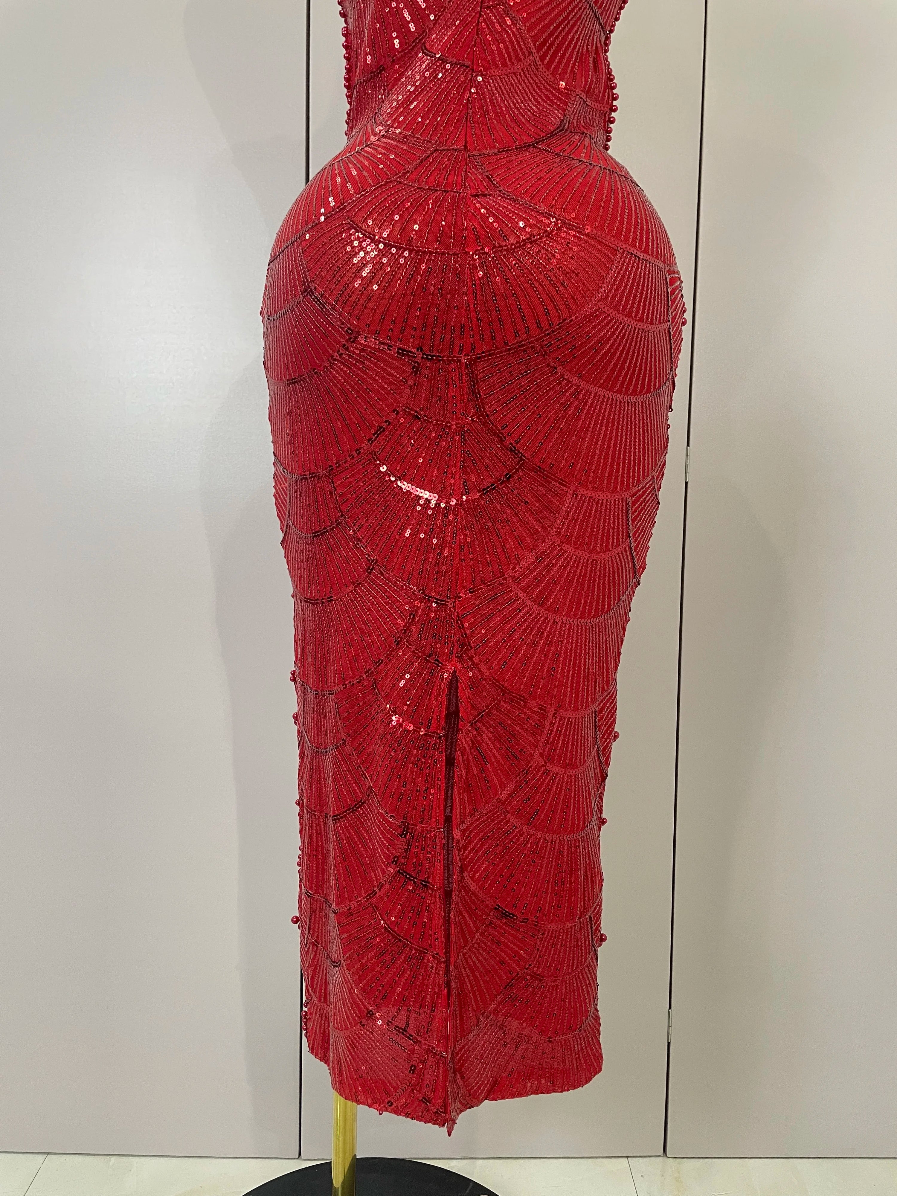 Women Hot Sale Sleeveless Sexy Strap Pearl Beading Sequins Bodycon Long Dress Celebrate Evening Party Birthday Outfit Vestido