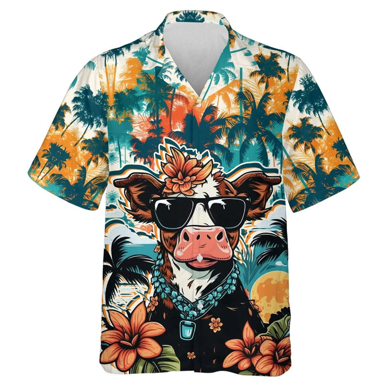 Funny Cool Cow Shirts Men's Clothing Lapel Button Shirt Hawaiian 3D Printed Casual Fashion Personality Pattern Trendy Blouse
