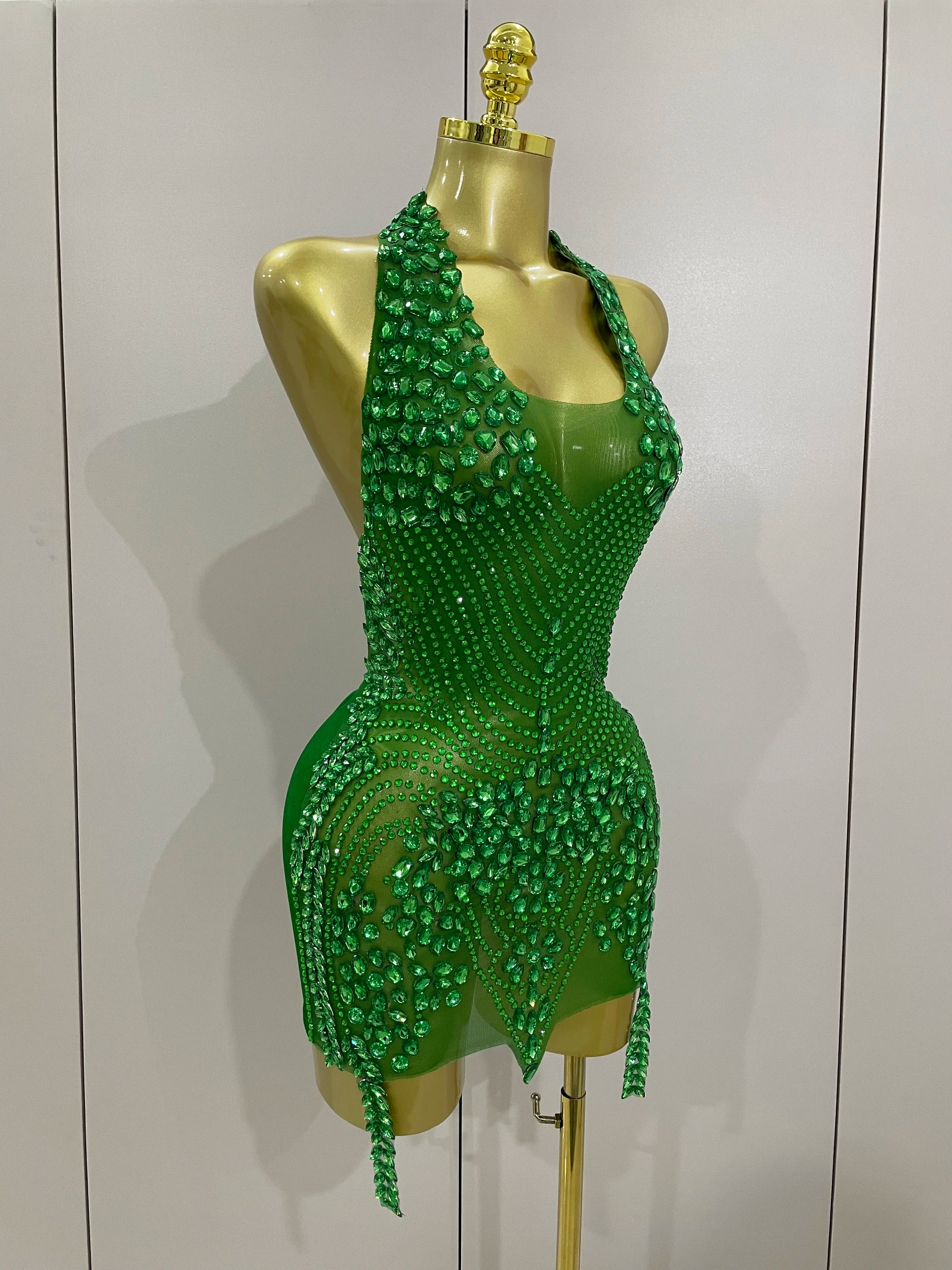 2025 New Sexy Sparkly Rhinestones Halter Backless Mesh Velour Short Dress Women Evening Prom Celebrate Birthday Party Stage Wear