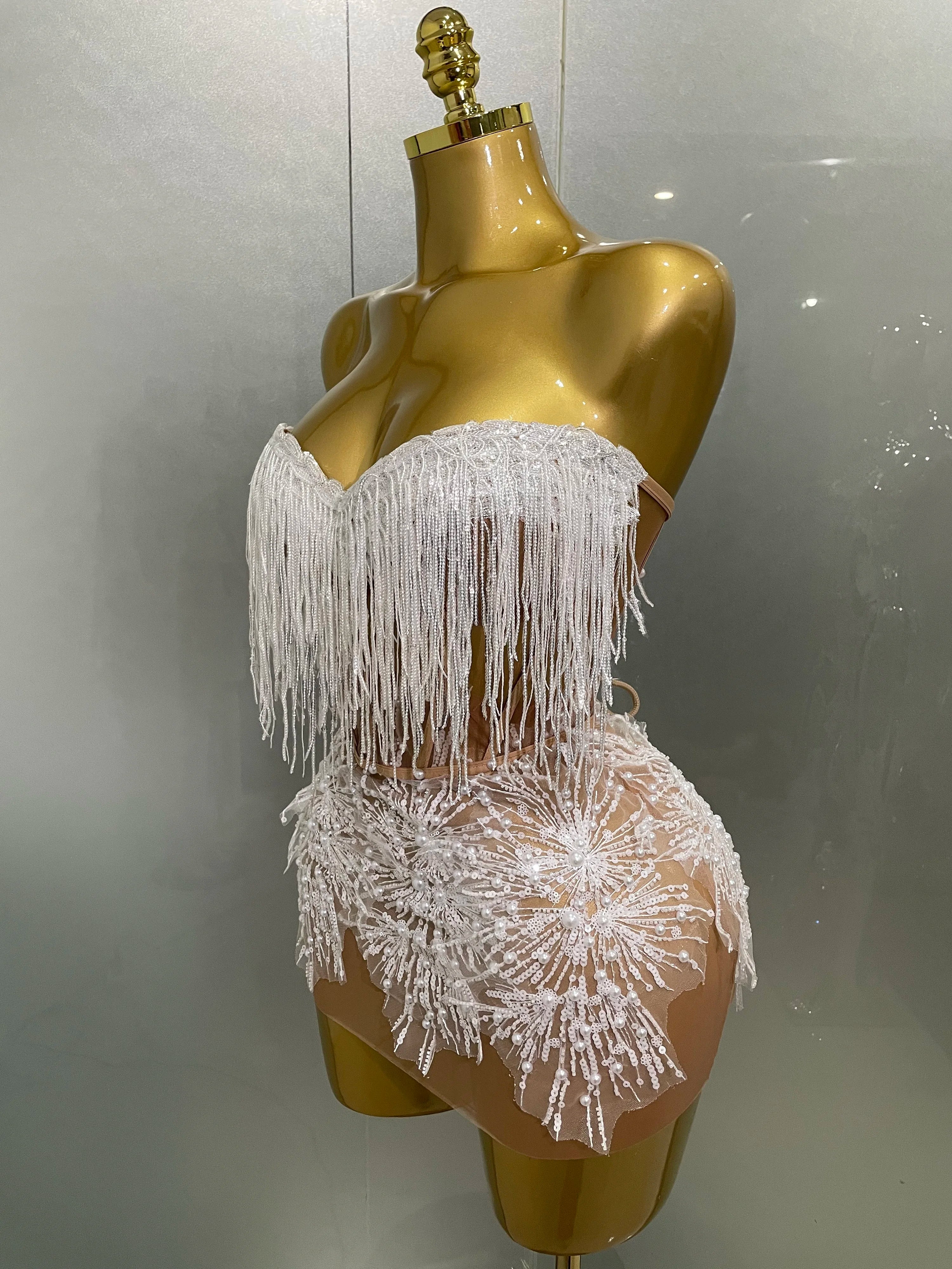 2025 Sexy Pearl Sequins Tassel Sleeveless Glitter Mini Dress Women Singer Bar Nightclub Stage Performance Clothing Show Outfit