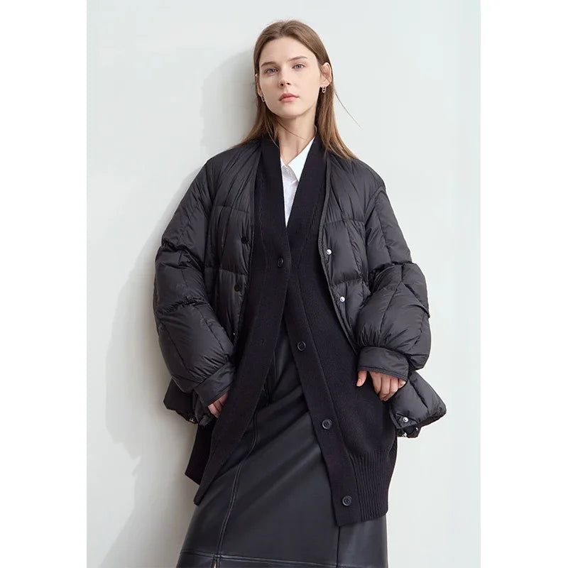 AMII 2024 Winter New Women's Shoulder Sleeves Thickened Collision Material Splicing Wool Fake Two-piece Down Jacket 12444054