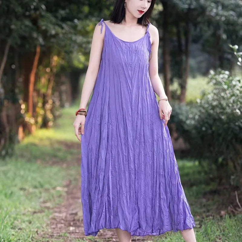 UMI MAO Small Niche Design With Irregular Pleats V-neck Camisole Dress Summer Slimming Effect Hanging Large Swing Long Skirt