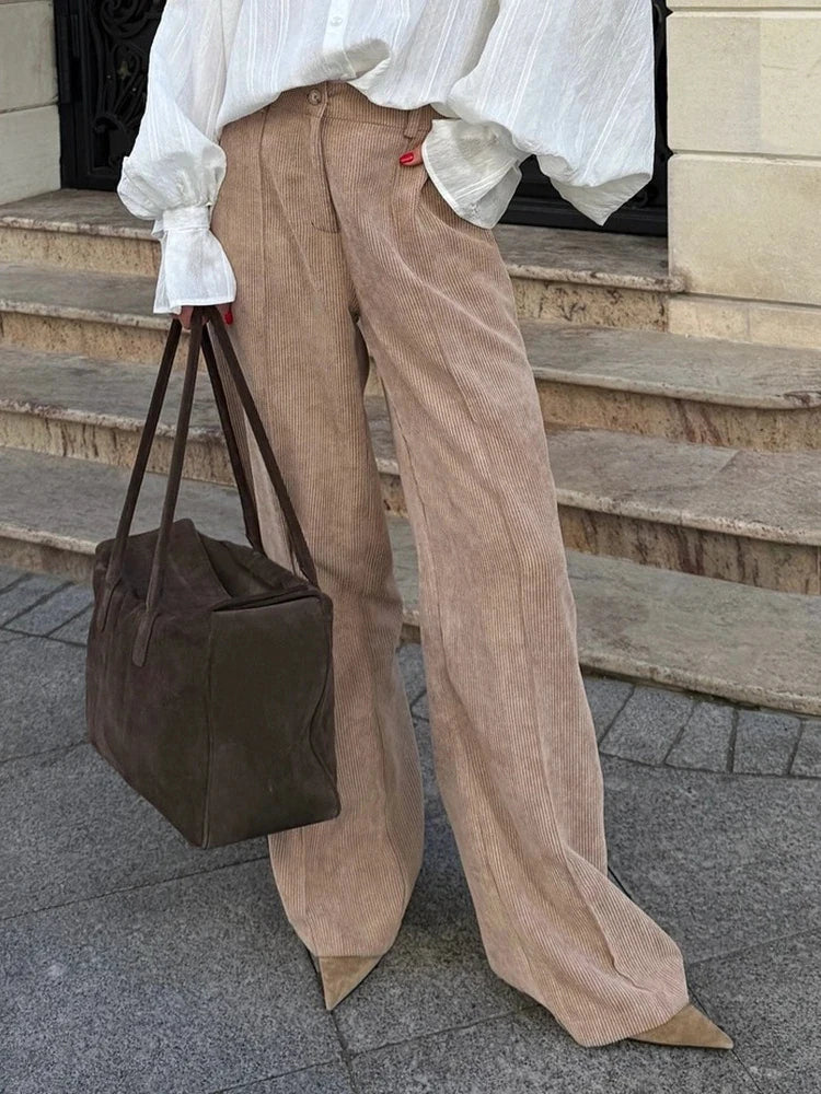 Aoaiiys Pants Women's Corduroy Cotton Vintage Trousers High Waist Wide Leg Pants Autumn Winter New Fashion Chic Casual Trousers