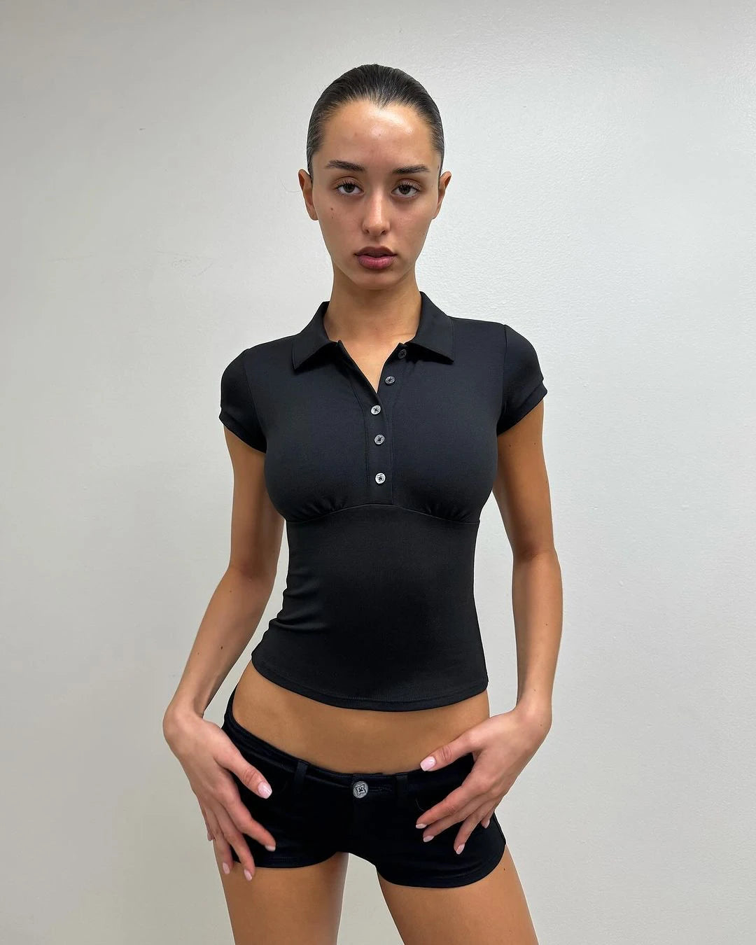 Tank Black Polo Collar T-Shirt Slim Sexy Short-Sleeved Summer Women's Short Top