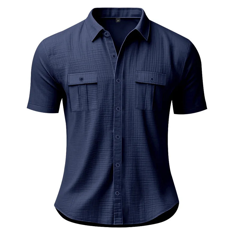 Men's Cotton Linen Short-Sleeved Shirt Summer Solid Color Stand-Up Collar Casual Beach Style plus Size S-5XL