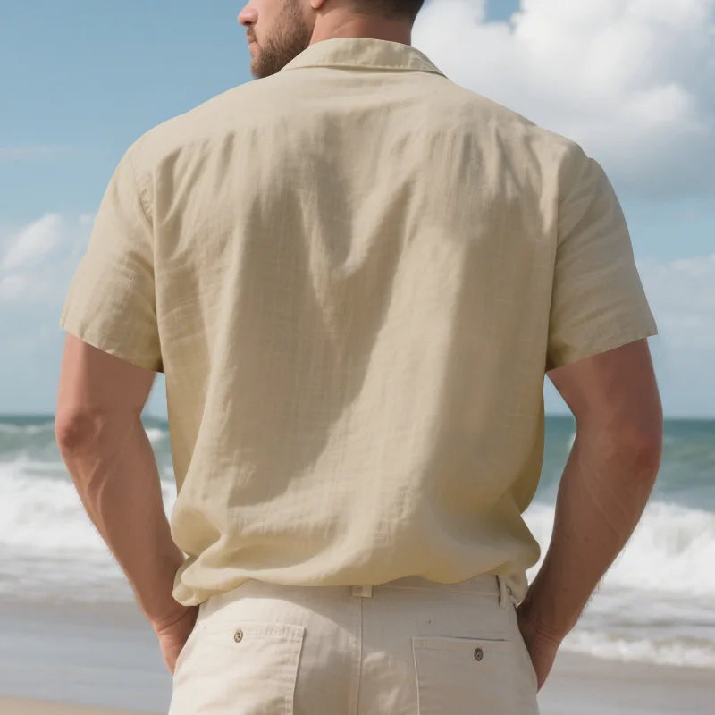 Men's Cotton Linen Short-Sleeved Shirt Summer Solid Color Stand-Up Collar Casual Beach Style plus Size S-5XL