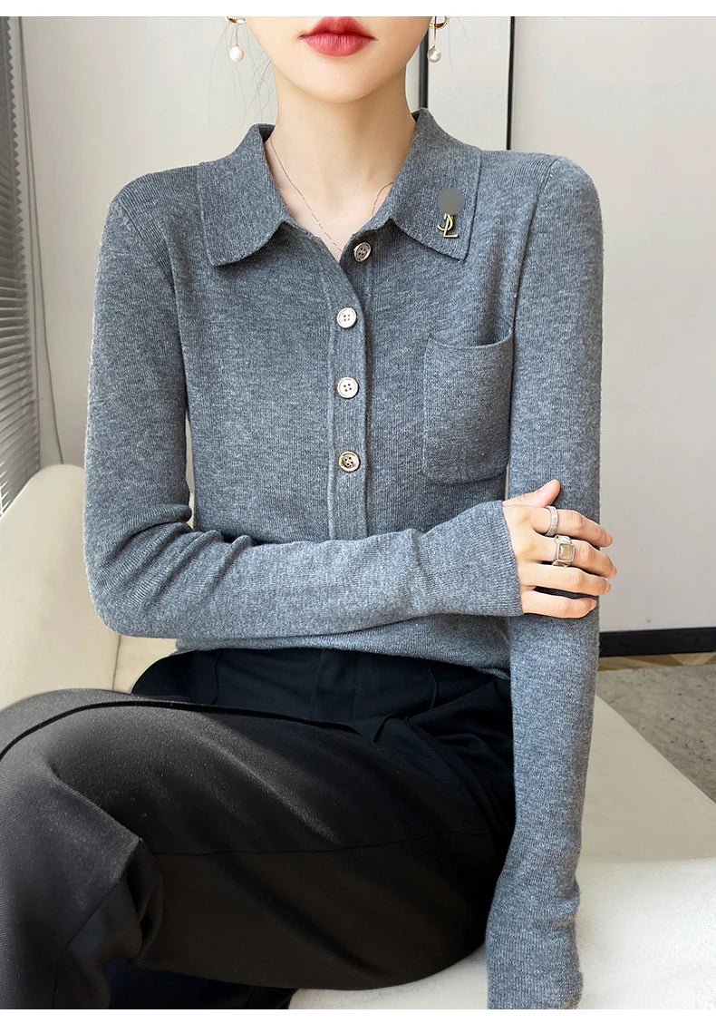 Women 100% Pure Merino Wool Soft Sweater Polo Collar Pullover Autumn Winter Casual Knit Tops Solid Color Regular Female Knitwear