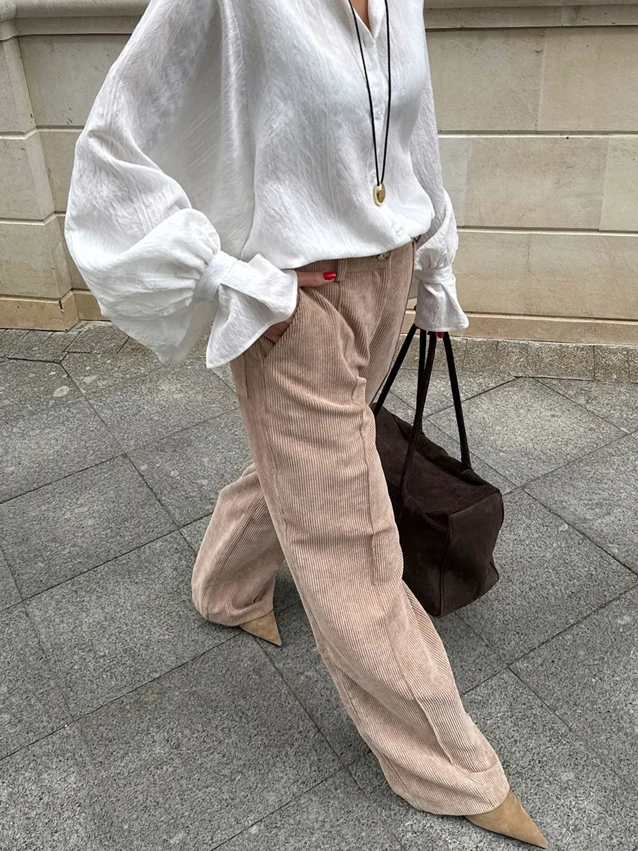 Aoaiiys Pants Women's Corduroy Cotton Vintage Trousers High Waist Wide Leg Pants Autumn Winter New Fashion Chic Casual Trousers