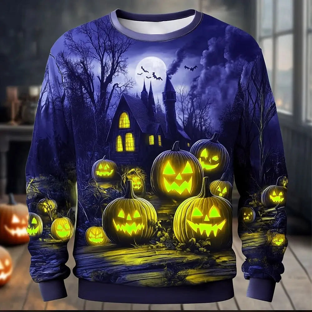 Halloween Theme Pumpkin Cemetery Men's Casual Hoodies Sweatshirts Fall Winter Crew Neck Pullover Long Sleeve Trendy Streetwear