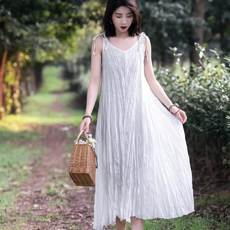 UMI MAO Small Niche Design With Irregular Pleats V-neck Camisole Dress Summer Slimming Effect Hanging Large Swing Long Skirt