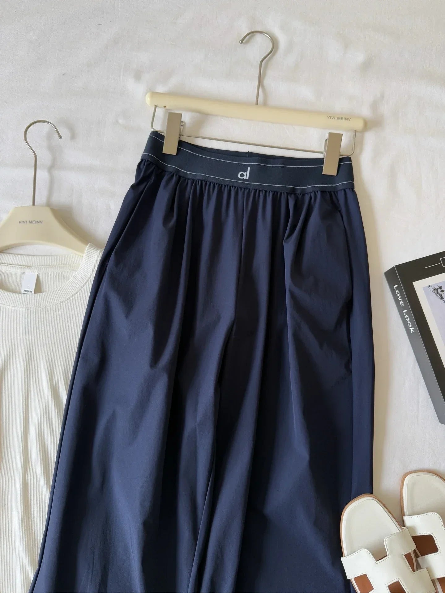 Elastic Waist Solid Fitness Joggers Trousers Women Yoga Sports Wide Leg Pants Women Thin Casual Loose Navy Blue Baggy Sweatpants