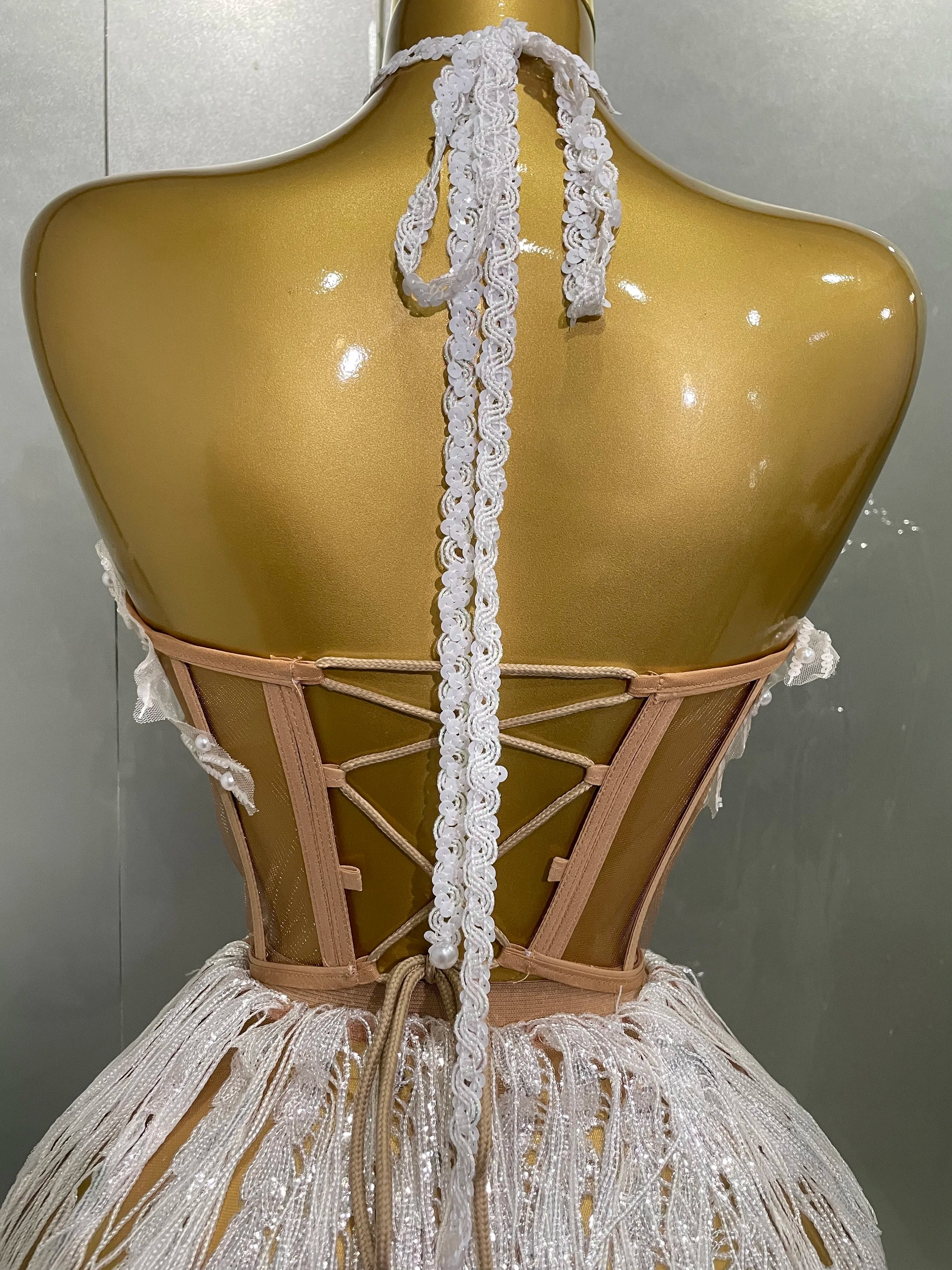 2025 Sexy Pearl Sequins Tassel Sleeveless Glitter Mini Dress Women Singer Bar Nightclub Stage Performance Clothing Show Outfit