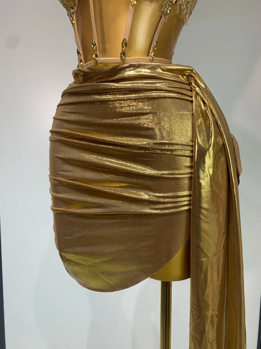 Women Sexy Strapless Sequins Rhinestone Gold Dress Glitter Top Two Pieces Sets Birthday Evening Party Club Singer Stage Outfit