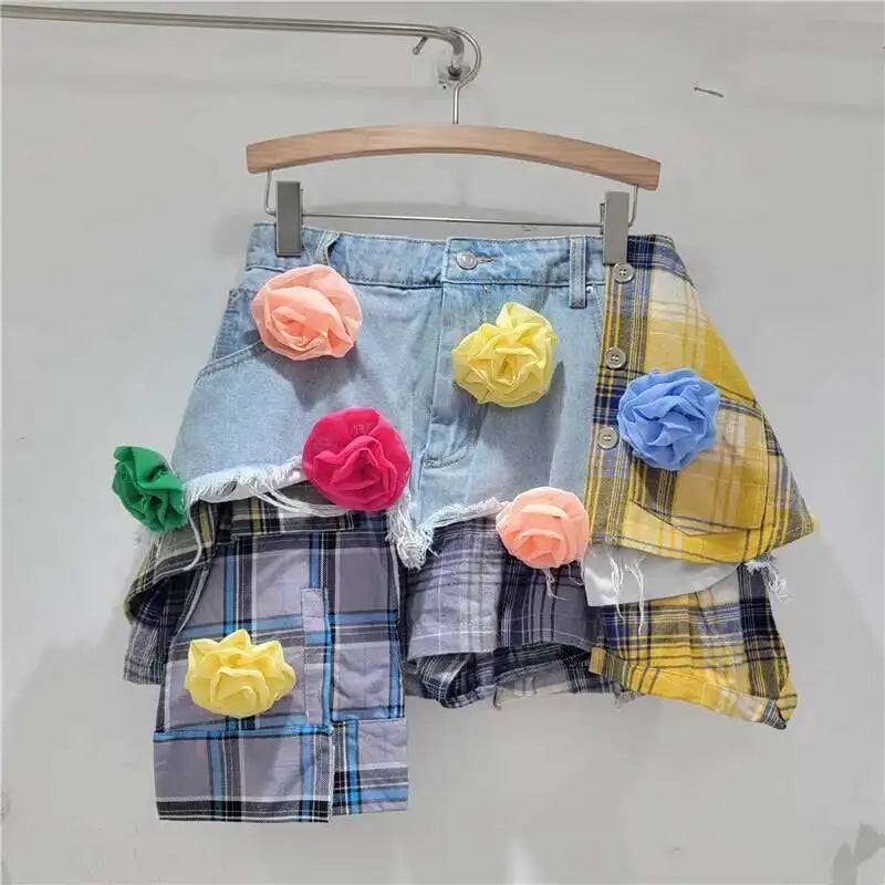 DEAT Women's Denim Skirt Colored Plaid Patchwork Irregular Deconstructed A-line High Waist Mini Skirt 2025 Summer New Fashion