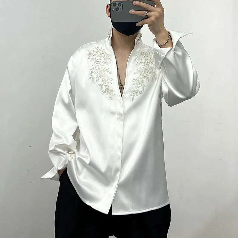 Men's 2025 Spring New Trendy Personality Pearl Rhinestone Stand Collar Top Male Pearl Satin V-neck Shirts Men's Niche Chic Shirt