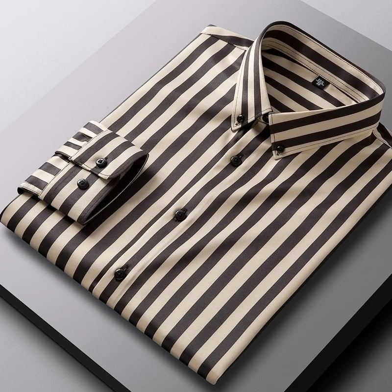 Men Spring Summer Comfortable Vertical Striped Strech Mens Dress Shirts Long Sleeve Soft Business Work Shirt  No Pocket Male