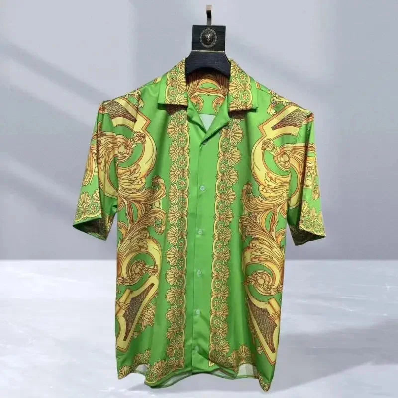 2025 men's high-quality short sleeved shirt with luxurious golden Baroque string print, Cuban collar shirt, suitable for street