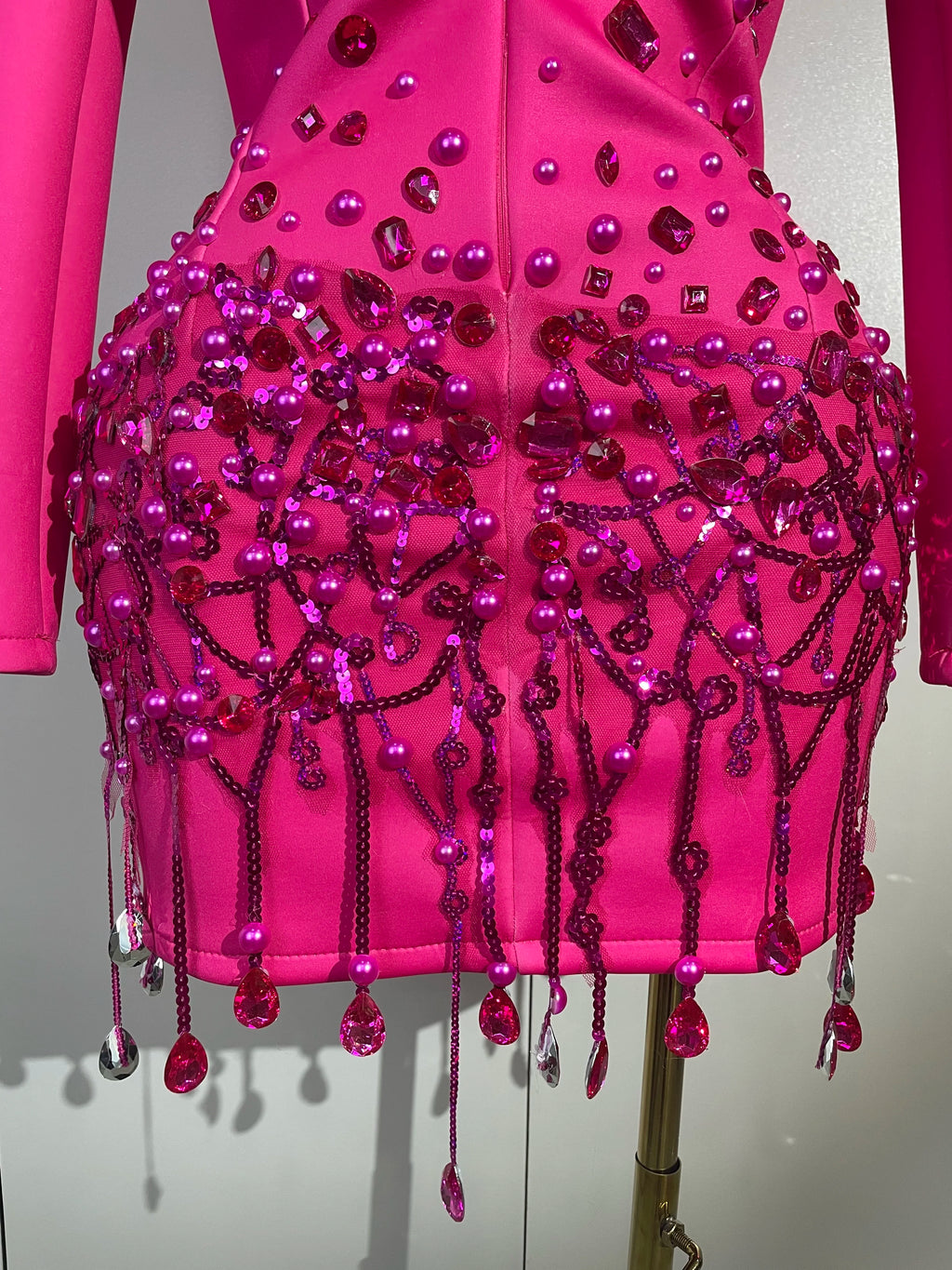 Sparkly Crystal Chains Pearls Long Sleeve Mini Dress 2025 Women Birthday Evening Party Nightclub Outfit Singer Wedding Costume