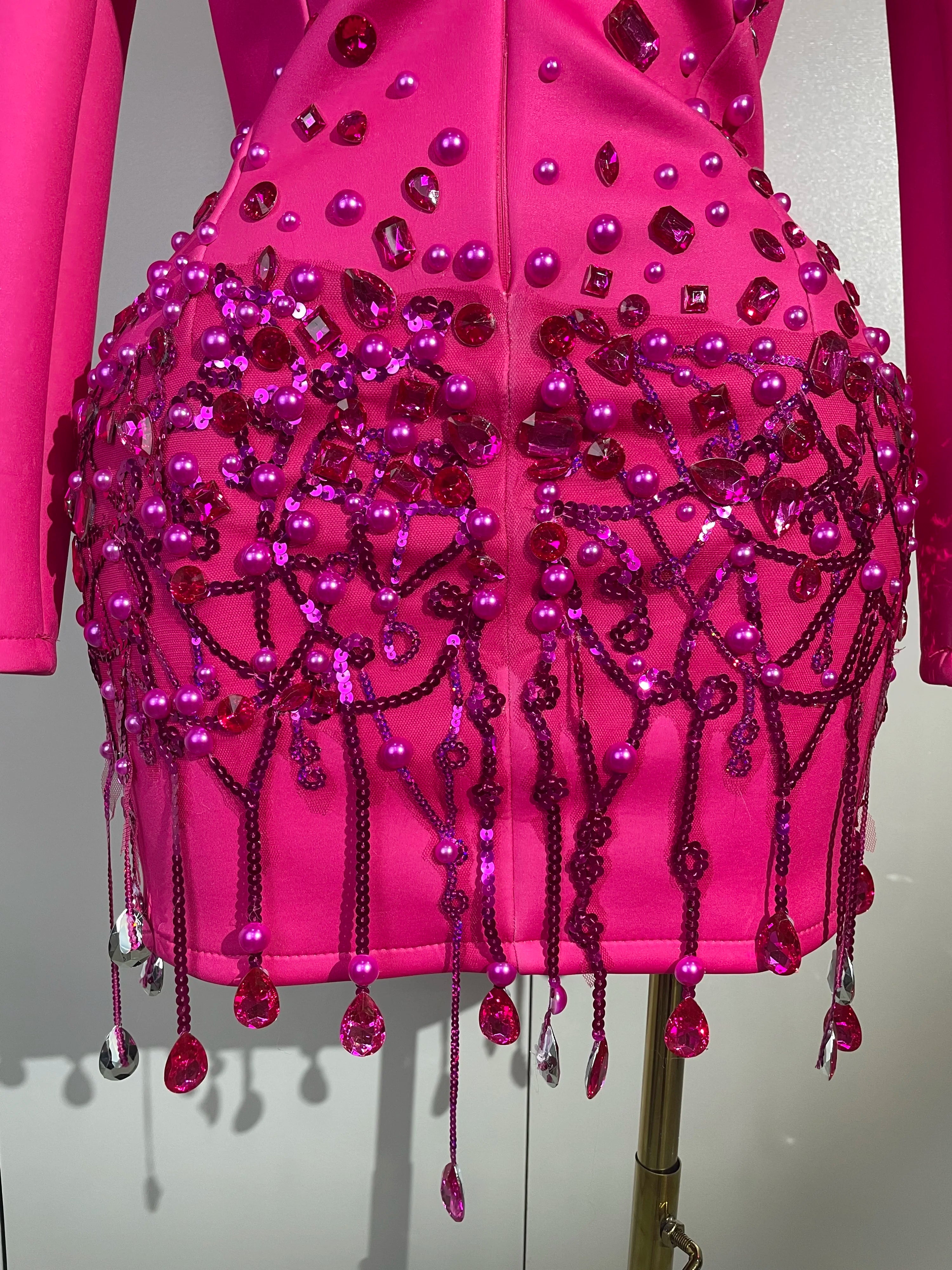 Sparkly Crystal Chains Pearls Long Sleeve Mini Dress 2025 Women Birthday Evening Party Nightclub Outfit Singer Wedding Costume