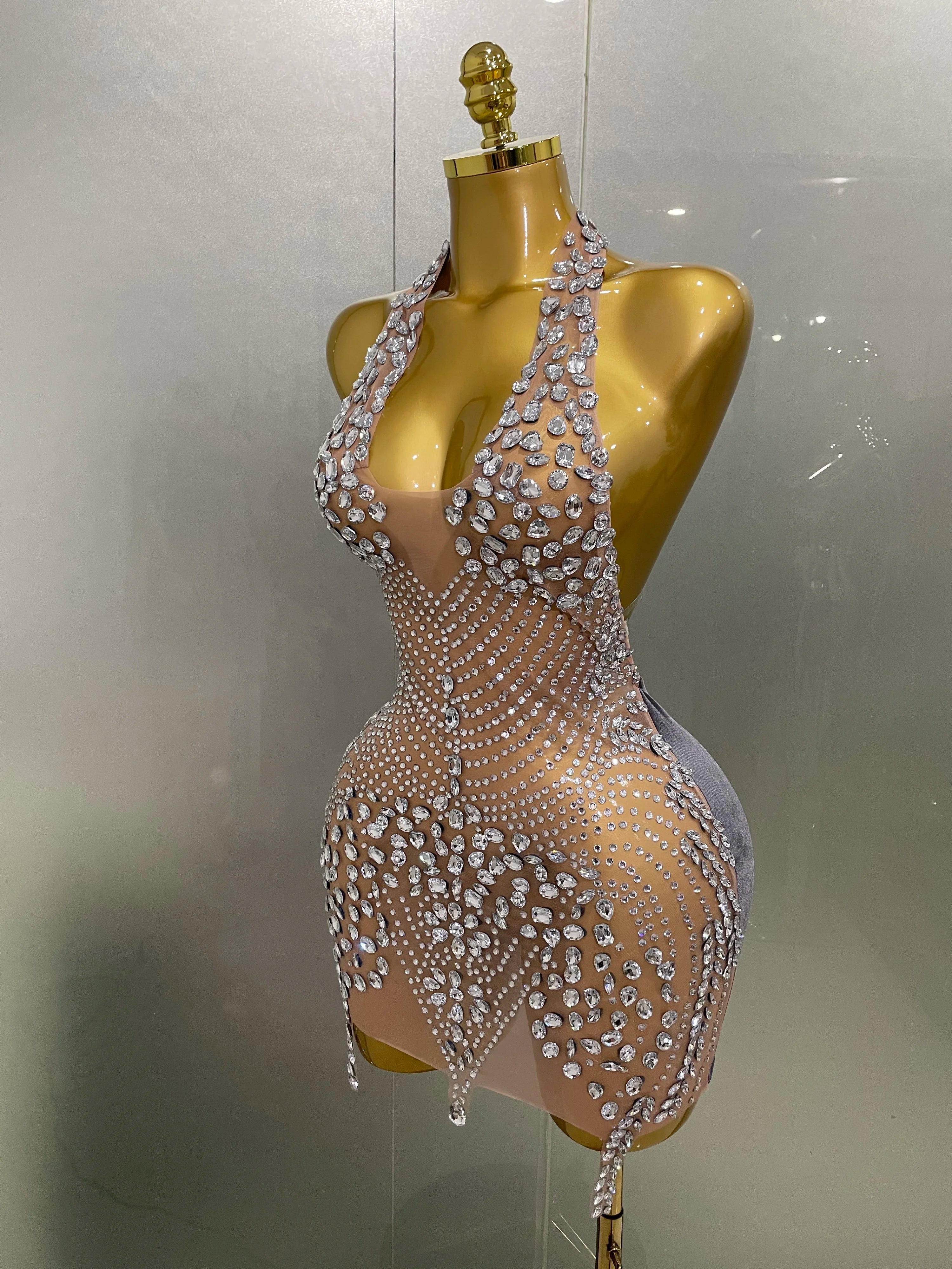 2025 New Sexy Sparkly Rhinestones Halter Backless Mesh Velour Short Dress Women Evening Prom Celebrate Birthday Party Stage Wear