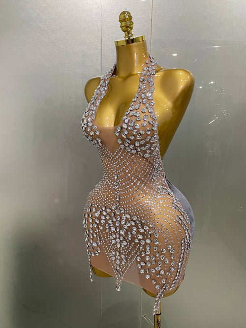 2025 New Sexy Sparkly Rhinestones Halter Backless Mesh Velour Short Dress Women Evening Prom Celebrate Birthday Party Stage Wear