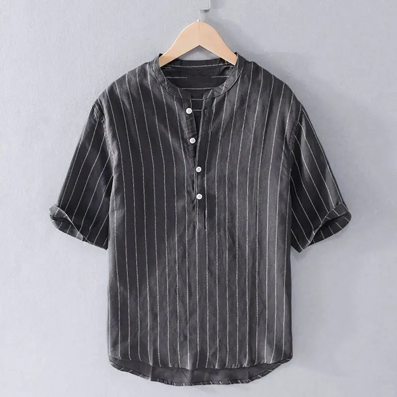 Fashionable Men's Tops Loose and Versatile Striped Stand Collar Short-sleeved Shirt for Men's Summer Fresh Breathable Pullover