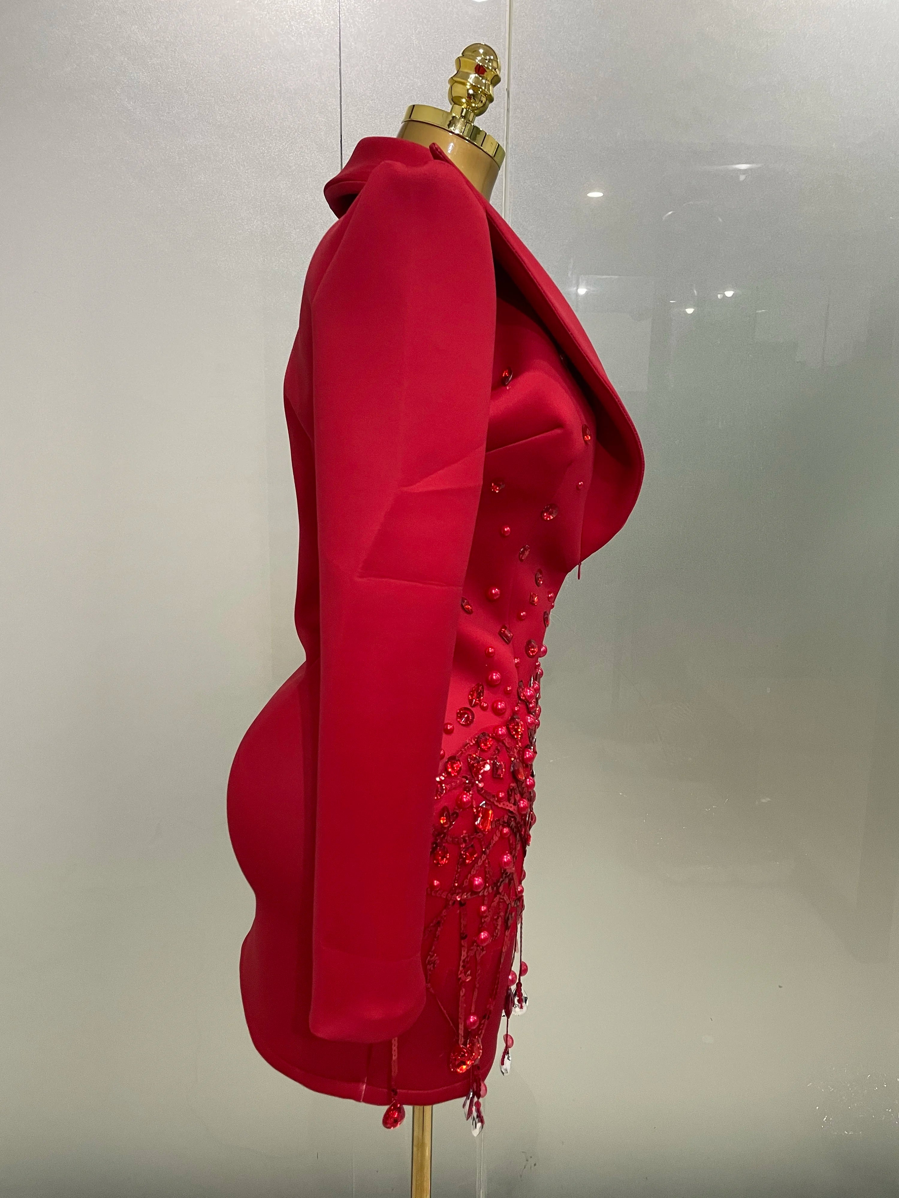 Sparkly Crystal Chains Pearls Long Sleeve Mini Dress 2025 Women Birthday Evening Party Nightclub Outfit Singer Wedding Costume