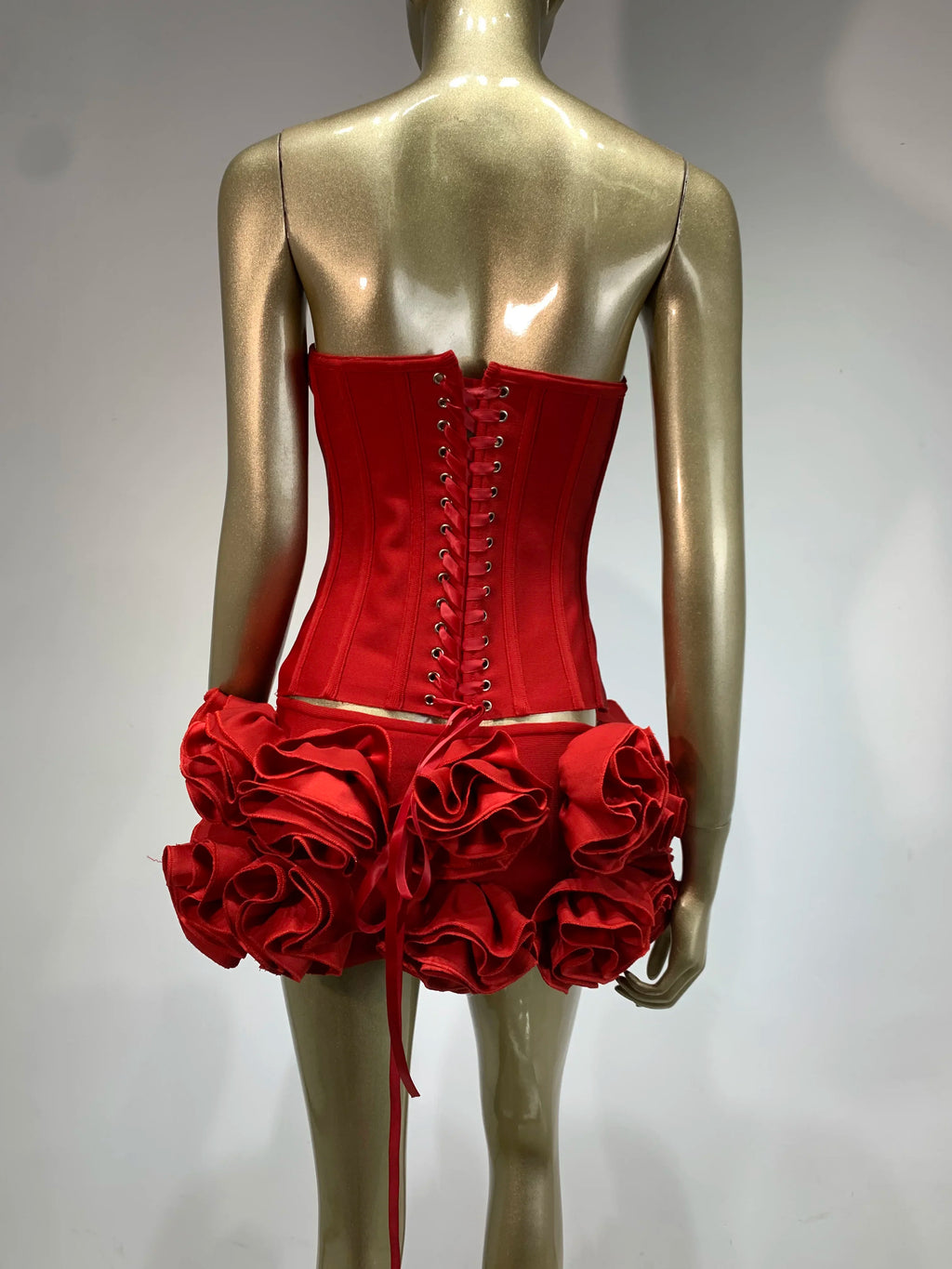 Women Red Bodycon Mini Bandage Outfits Club Party Strapless Laced Up Back Tops And Mini Short Skirts Two Piece Sets Nightwears