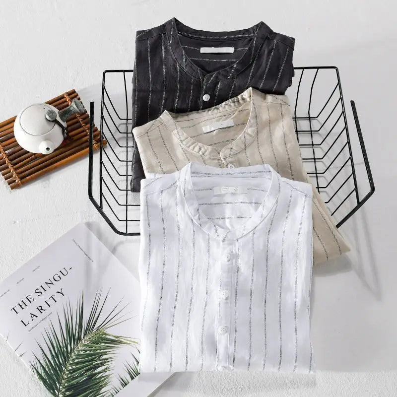 Fashionable Men's Tops Loose and Versatile Striped Stand Collar Short-sleeved Shirt for Men's Summer Fresh Breathable Pullover