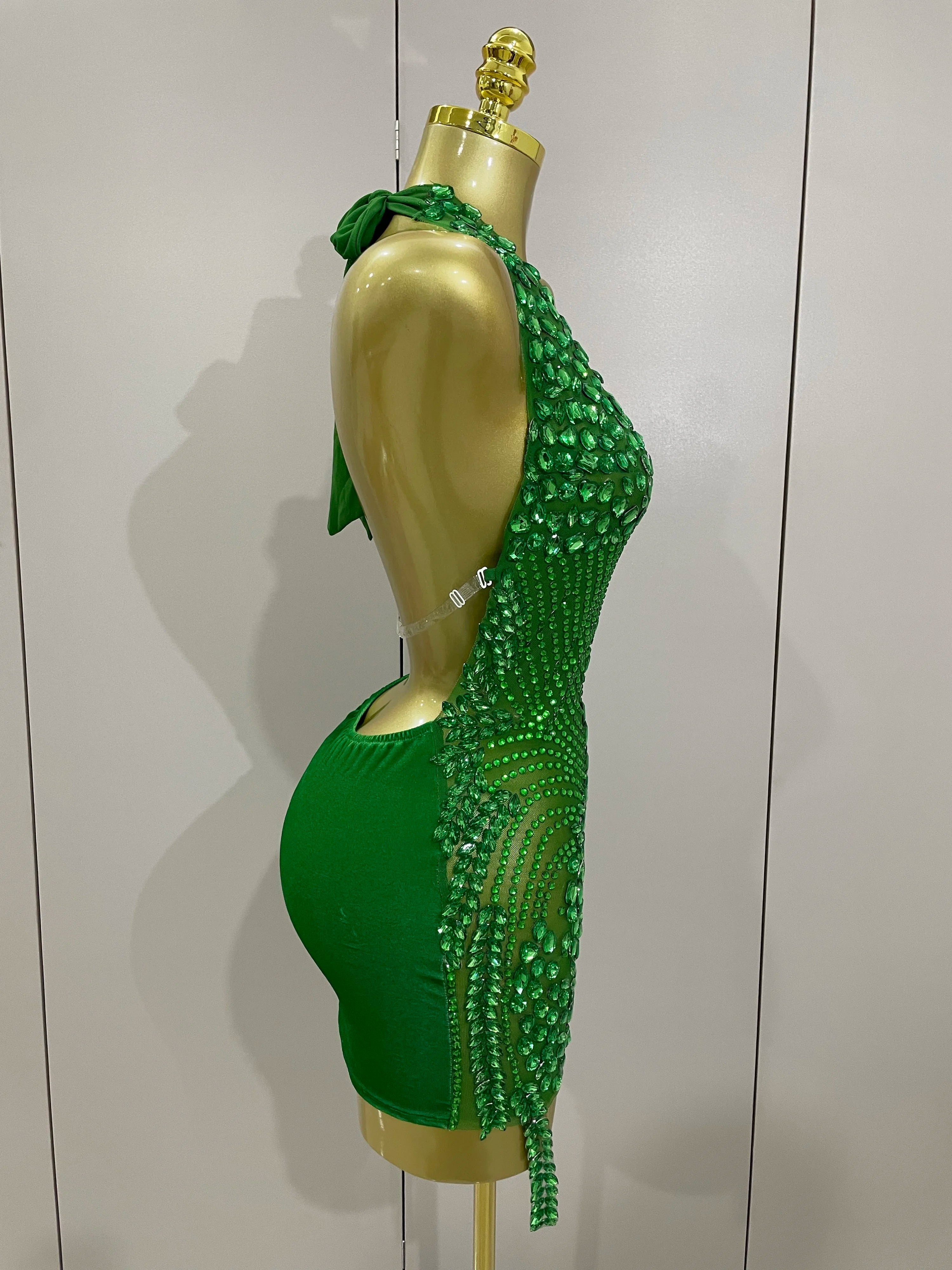 2025 New Sexy Sparkly Rhinestones Halter Backless Mesh Velour Short Dress Women Evening Prom Celebrate Birthday Party Stage Wear