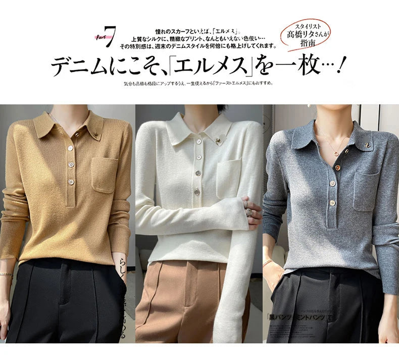 Women 100% Pure Merino Wool Soft Sweater Polo Collar Pullover Autumn Winter Casual Knit Tops Solid Color Regular Female Knitwear