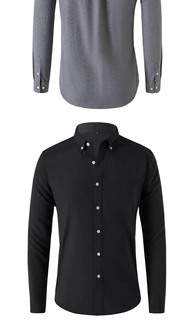 M-5XL Spring and Autumn Men's Shirt Oxford Cotton Fabric Shirt Long Sleeve Solid Color Polo Neck Shirt Business Casual Fit Top
