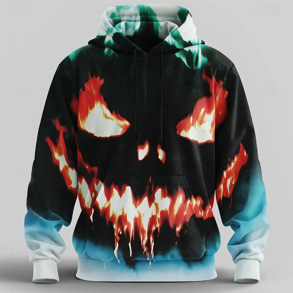 Halloween Men's horror face Hoodie Sweatshirt Punk Exaggerated Crew Neck Club Streetwear Yellow Orange Drawstring Men's clothing