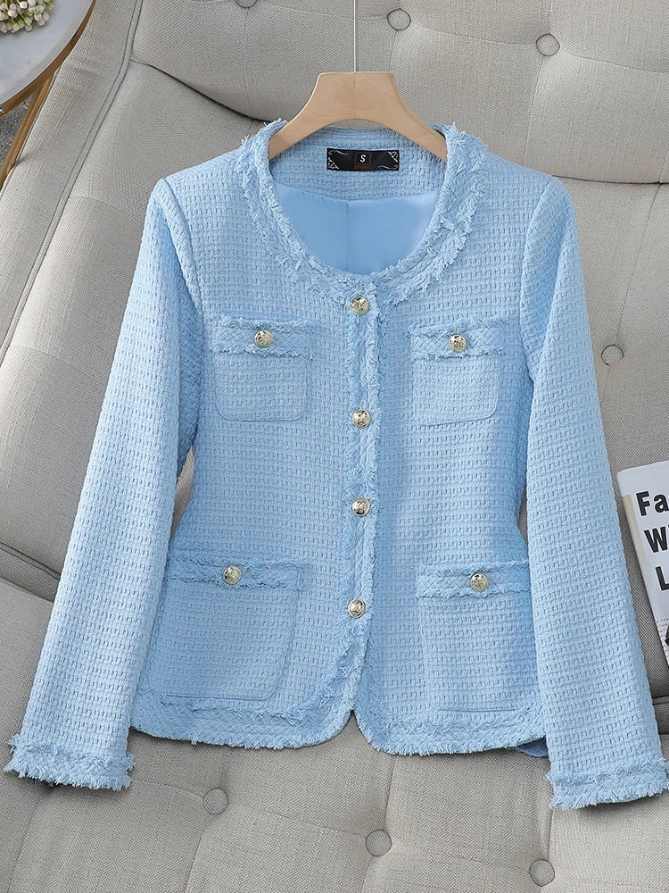 Fashion Pink Beige Blue Black Casual Ladies Blazer Women Long Sleeve Single Breasted O-Neck Slim Female Autumn Winter Jacket