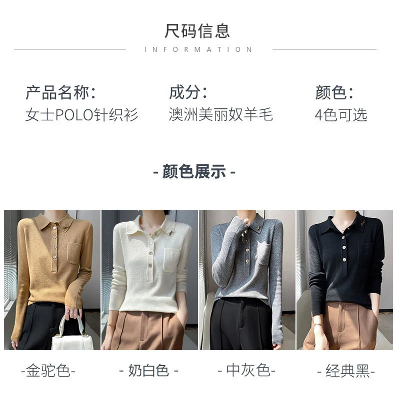 Women 100% Pure Merino Wool Soft Sweater Polo Collar Pullover Autumn Winter Casual Knit Tops Solid Color Regular Female Knitwear