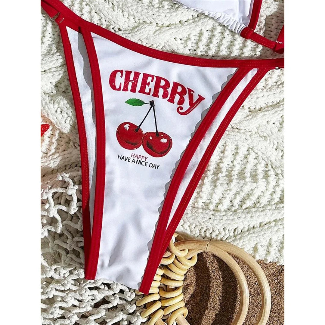 XS - L Cherry Printed Short Sleeve Bikini Female Swimsuit Women Swimwear Three-pieces Bikini set Bather Bathing Suit Swim V6854