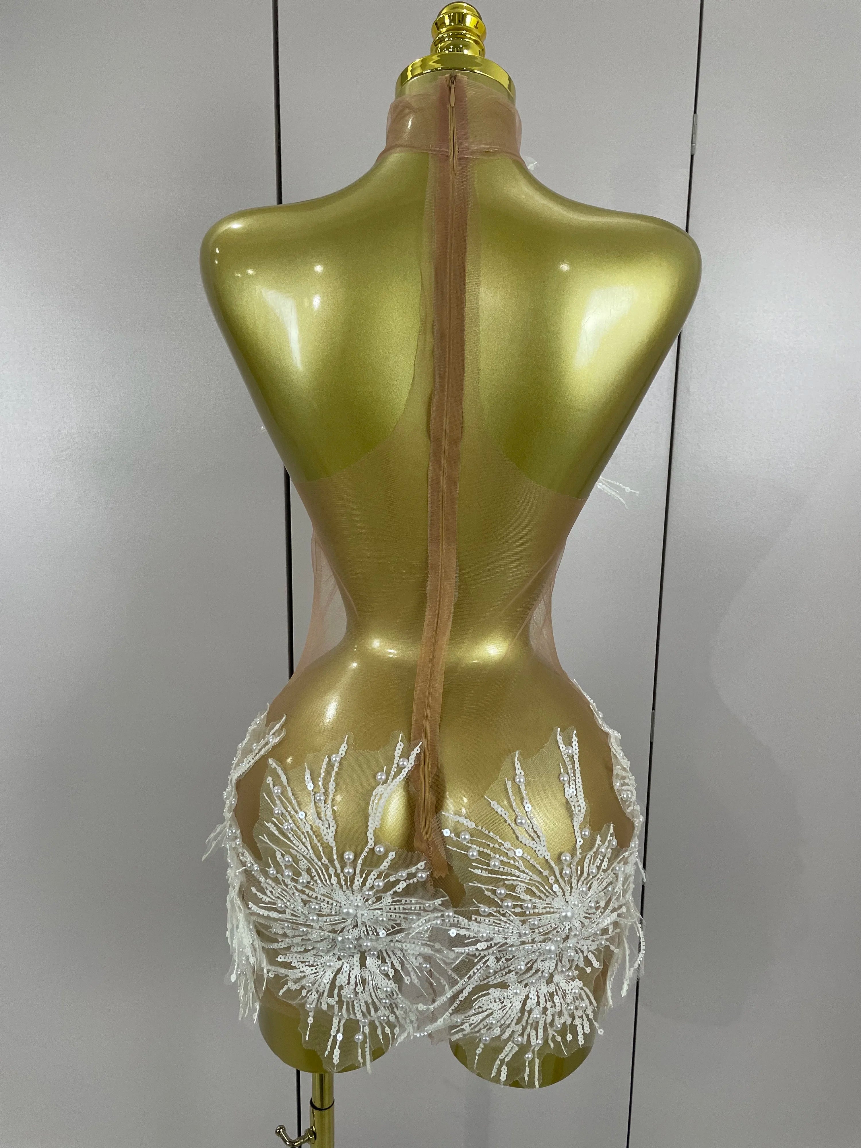 2025 Sexy Pearl Sequins Tassel Sleeveless Glitter Mini Dress Women Singer Bar Nightclub Stage Performance Clothing Show Outfit