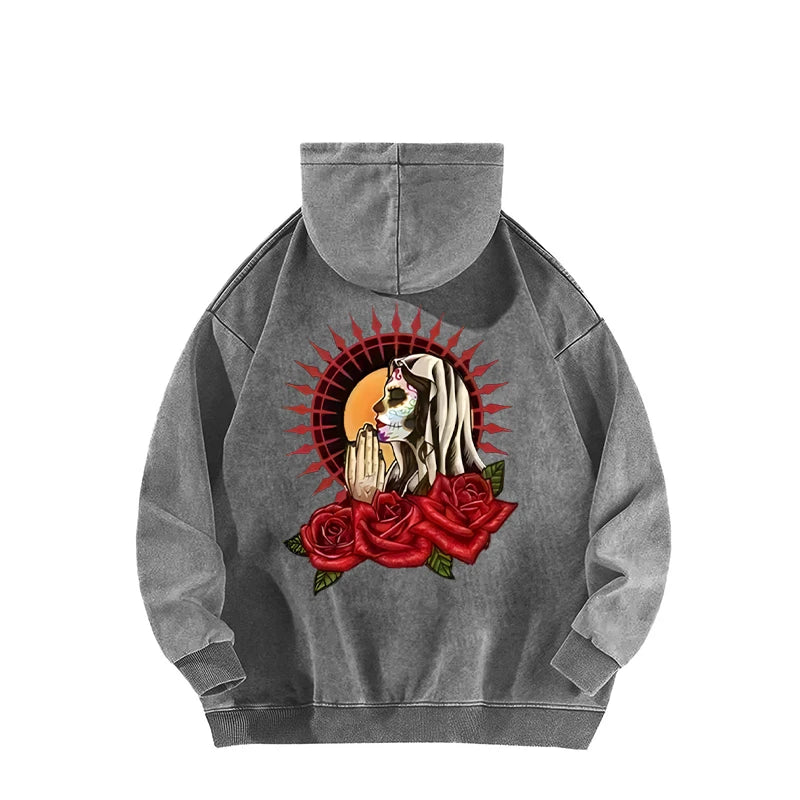 Halloween Tops 2025 Multicolored Horror Skull Rose Pattern Printed Washed Hoodie Men Plus Size Hooded Women Trendy Cotton Hoodie