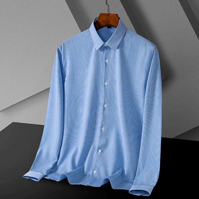 Men Spring Summer Comfortable Vertical Striped Strech Mens Dress Shirts Long Sleeve Soft Business Work Shirt  No Pocket Male