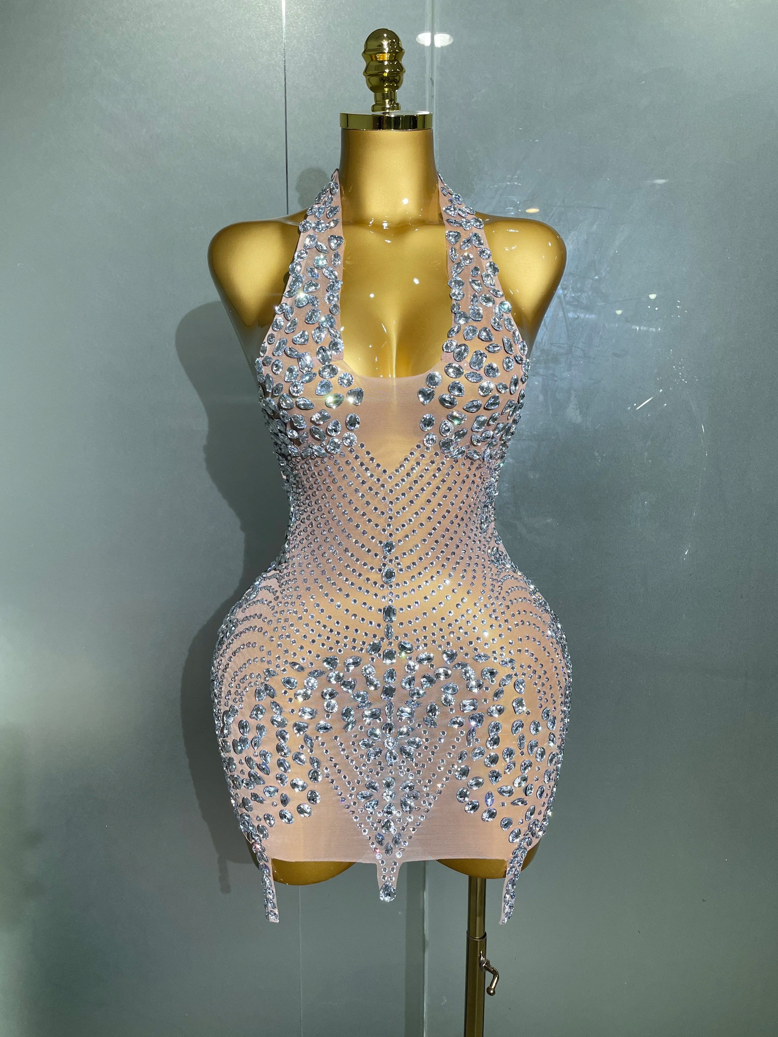 2025 New Sexy Sparkly Rhinestones Halter Backless Mesh Velour Short Dress Women Evening Prom Celebrate Birthday Party Stage Wear