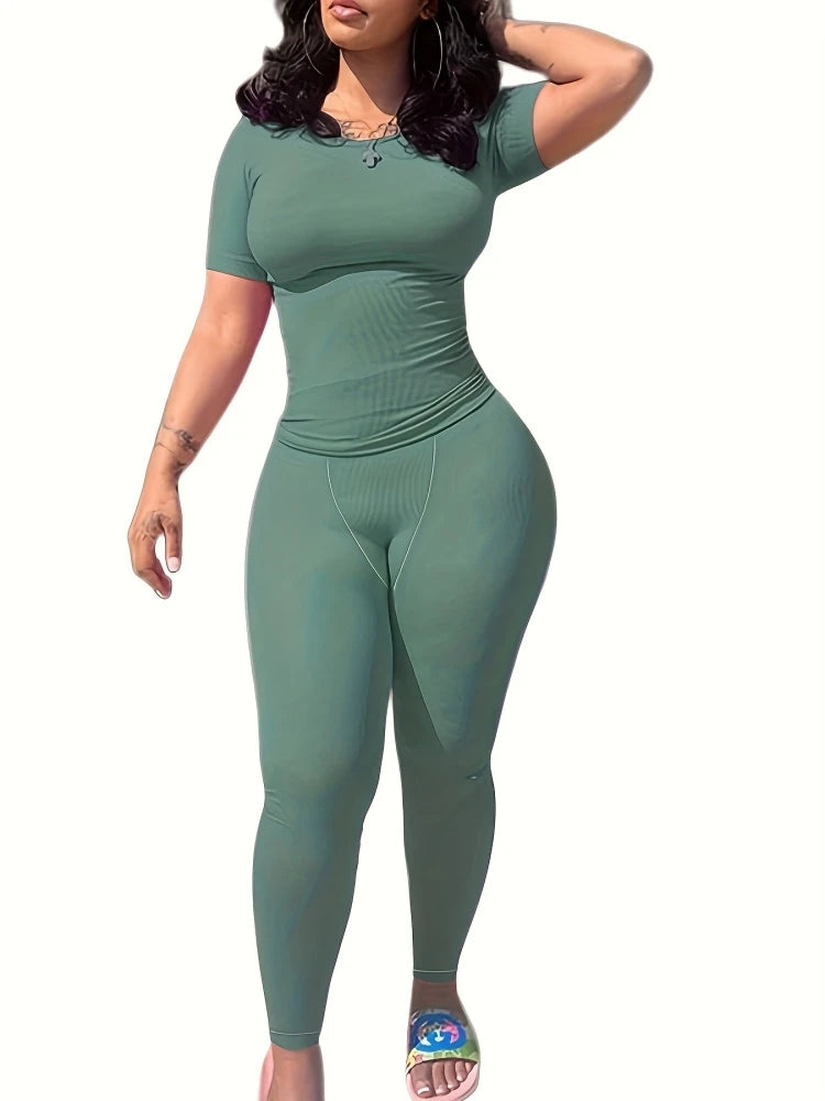 New style Lounge Wear Ribbed Casual 2 Piece Summer Shorts Set For Women Sleeve Top+Elastic Leggings Outfits