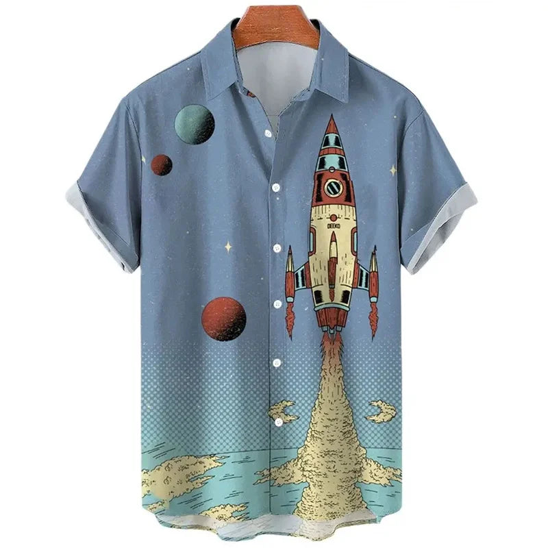 3D Printed Rocket Hawaiian Shirt For Men Cartoon Pattern Blouse Summer Casual Street Aloha Shirts Loose Short Sleeves Button Top