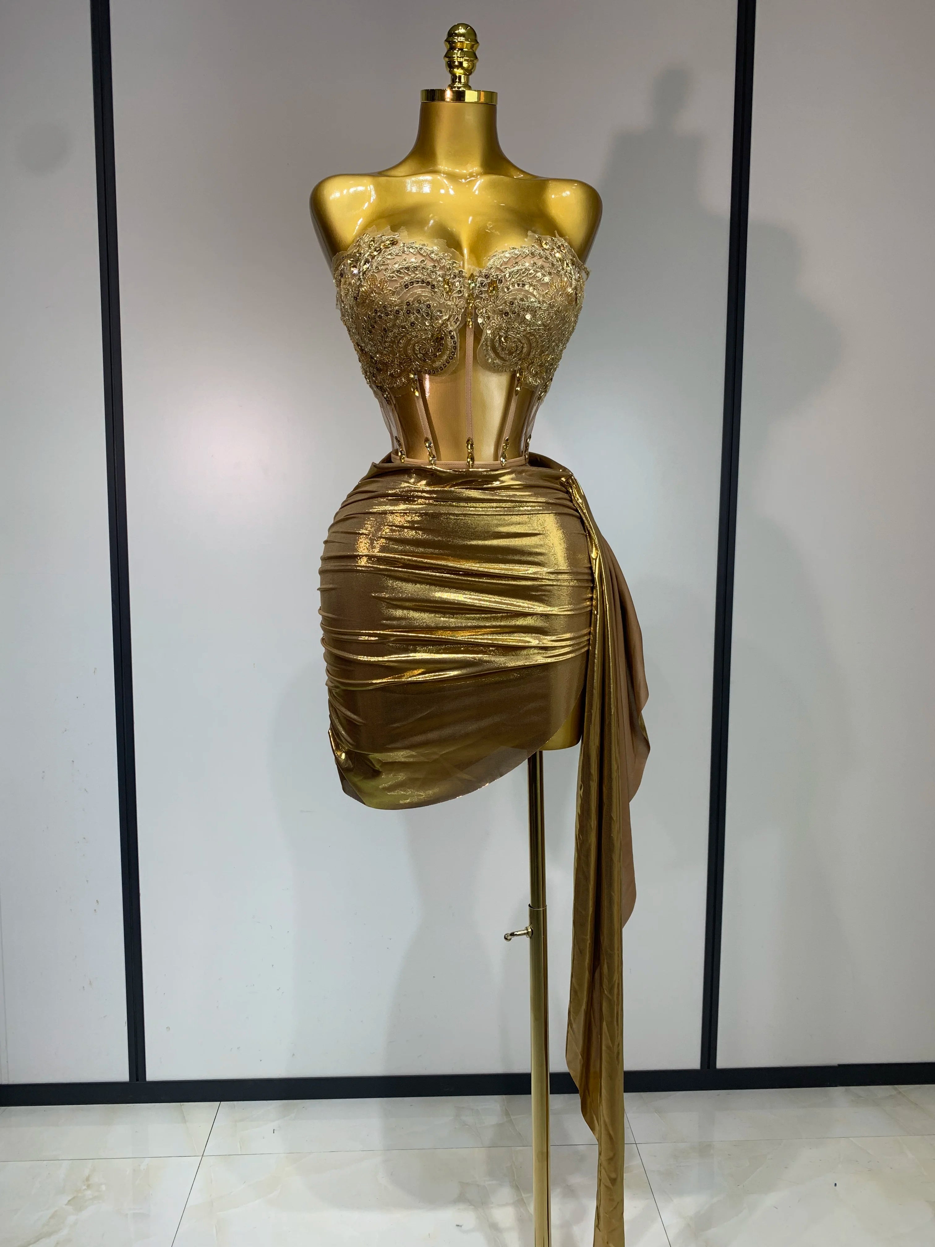 Women Sexy Strapless Sequins Rhinestone Gold Dress Glitter Top Two Pieces Sets Birthday Evening Party Club Singer Stage Outfit