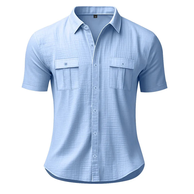 Men's Cotton Linen Short-Sleeved Shirt Summer Solid Color Stand-Up Collar Casual Beach Style plus Size S-5XL