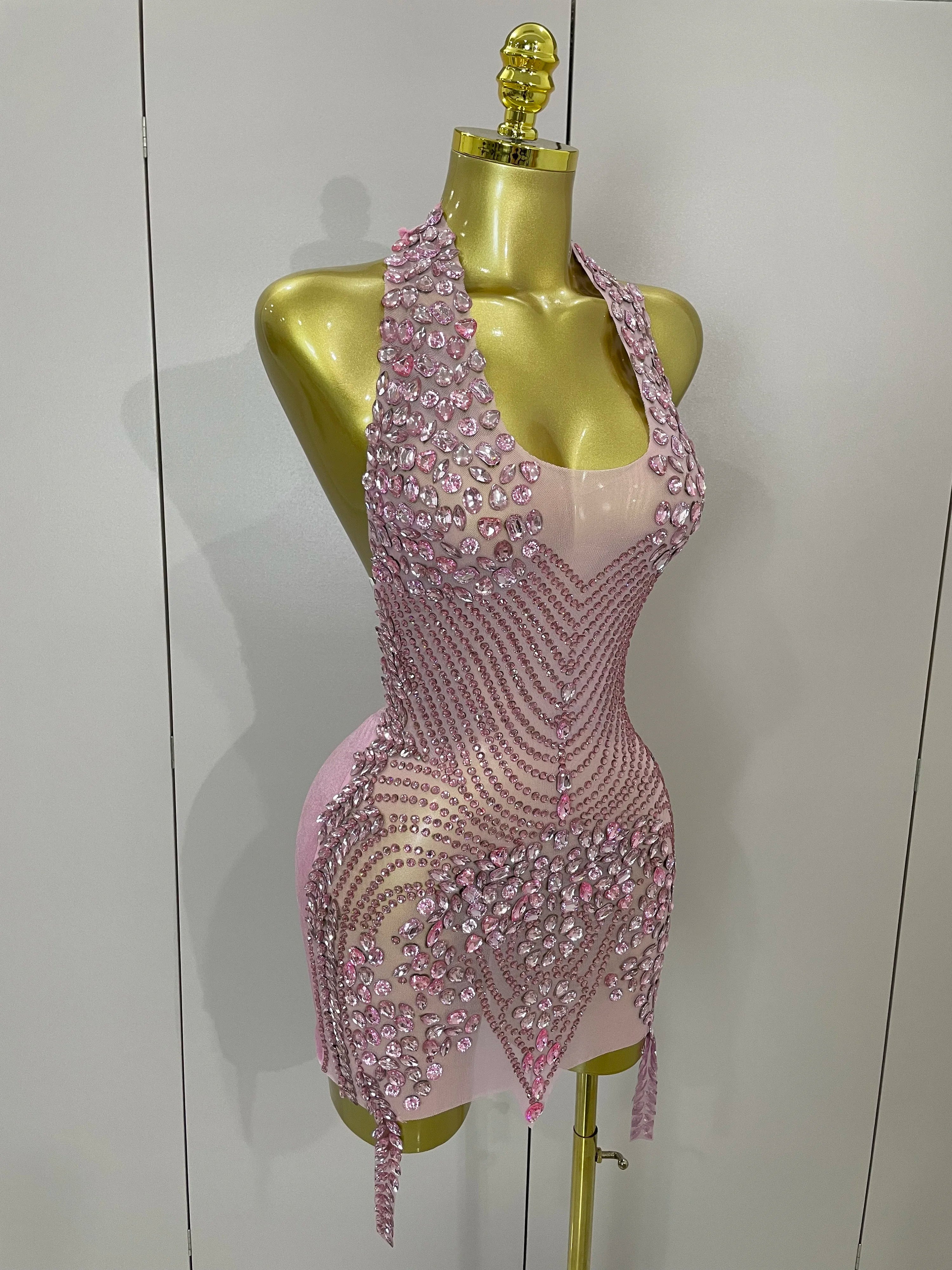 2025 New Sexy Sparkly Rhinestones Halter Backless Mesh Velour Short Dress Women Evening Prom Celebrate Birthday Party Stage Wear